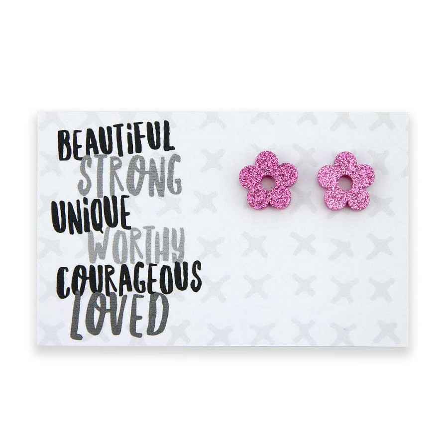 Jewellery Statement Earrings | Acrylic Glitter Flower Studs - Beautiful Strong Unique - Pink Glitter (11565)