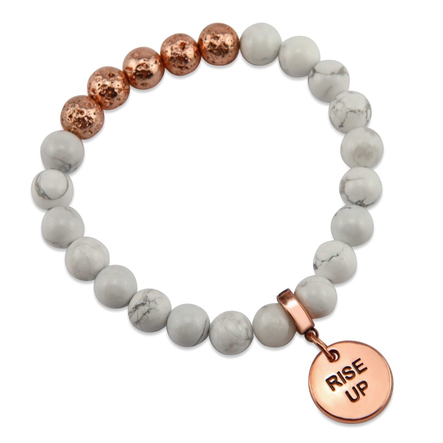 Jewellery Bracelets | Lava Stone Bracelet - 8Mm White Marble + Rose Gold Lava Stone Beads - With Rose Gold Word Charm