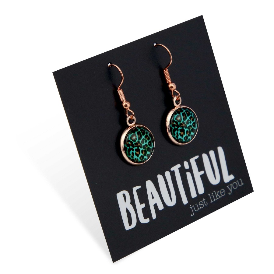 Jewellery Circle Drop Dangles | Teal Collection - Beautiful Just Like You - Rose Gold Dangle Earrings - Lagoon Leopard (12465)