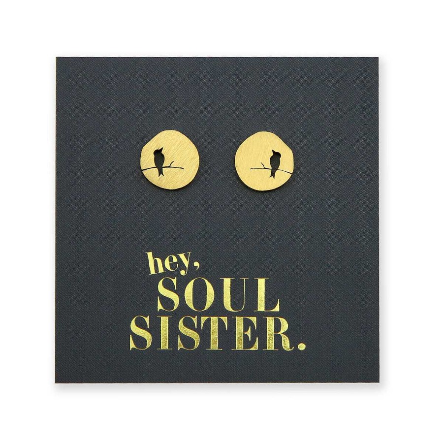 Jewellery Premium Studs | Stainless Steel Earring Studs - Brushed Gold - Hey Soul Sister - Bird On A Branch (8710-R)