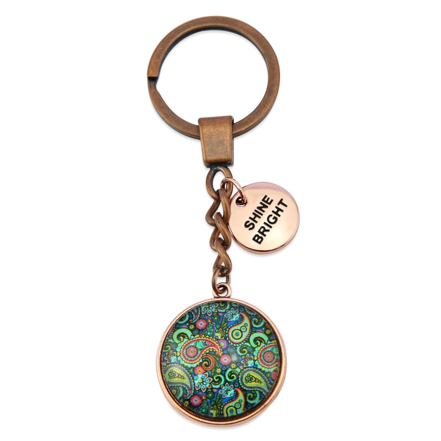 Accessories 50% Off | Spring - 'Shine Bright' - Vintage Copper Keyring - Green Paisley (10923)