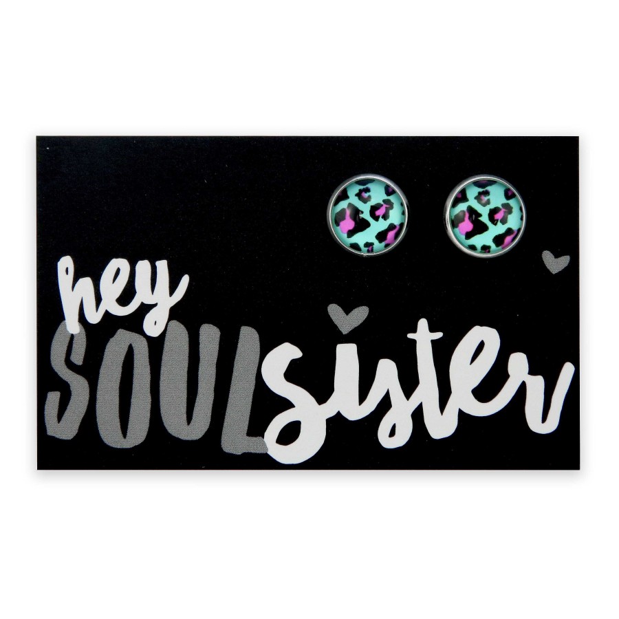 Jewellery Deluxe Stud Earrings | Hey Soul Sister - Vintage Silver Surround Circle Studs - Aqua Leopard (9204)