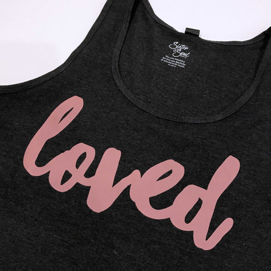 Apparel 50% Off | Loved Tank - Charcoal Marle - Dusty Blush Pink Print