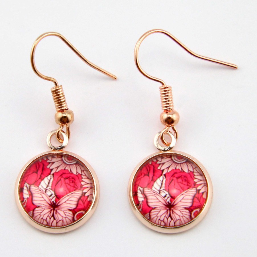 Jewellery Circle Drop Dangles | Pink Collection - Girl You'Re Amazing - Rose Gold Dangle Earrings - Butterfly Patch (9816)