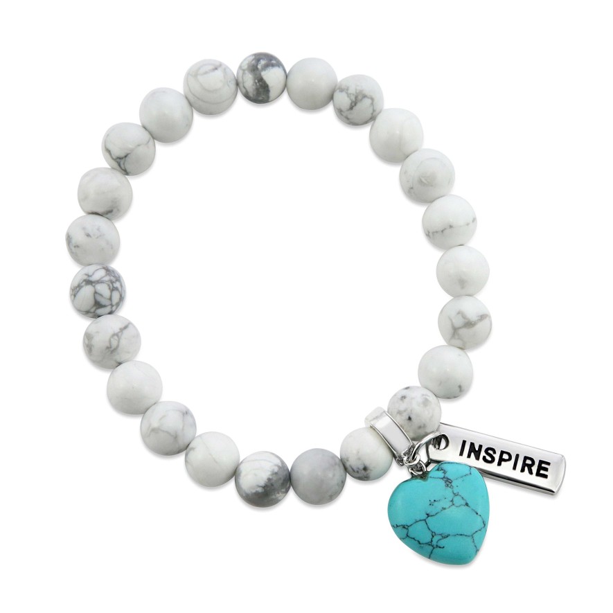 Jewellery Bracelets | Sweetheart Bracelet - 8Mm White Marble Stone Beads With Turquoise Heart & Word Charm