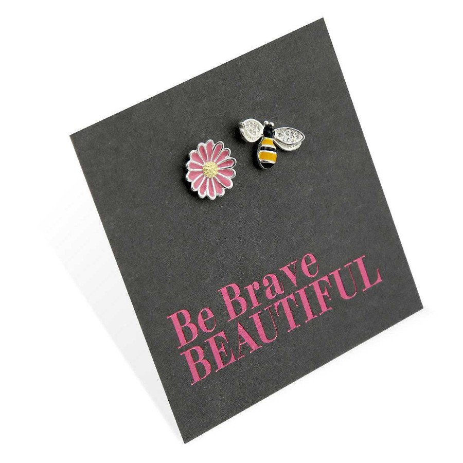 Jewellery Sterling Silver Studs | Pink Collection - Bee And Pink Flower Studs - Sterling Silver - Be Brave Beautiful (8405-R)