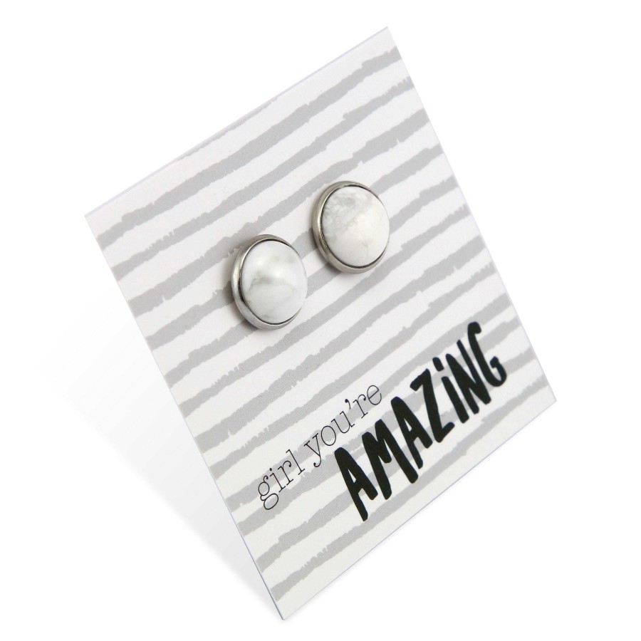 Jewellery Stone Earrings | Stone Earrings - Girl You'Re Amazing - Silver Surround Earring Studs - White Marble (9-916)