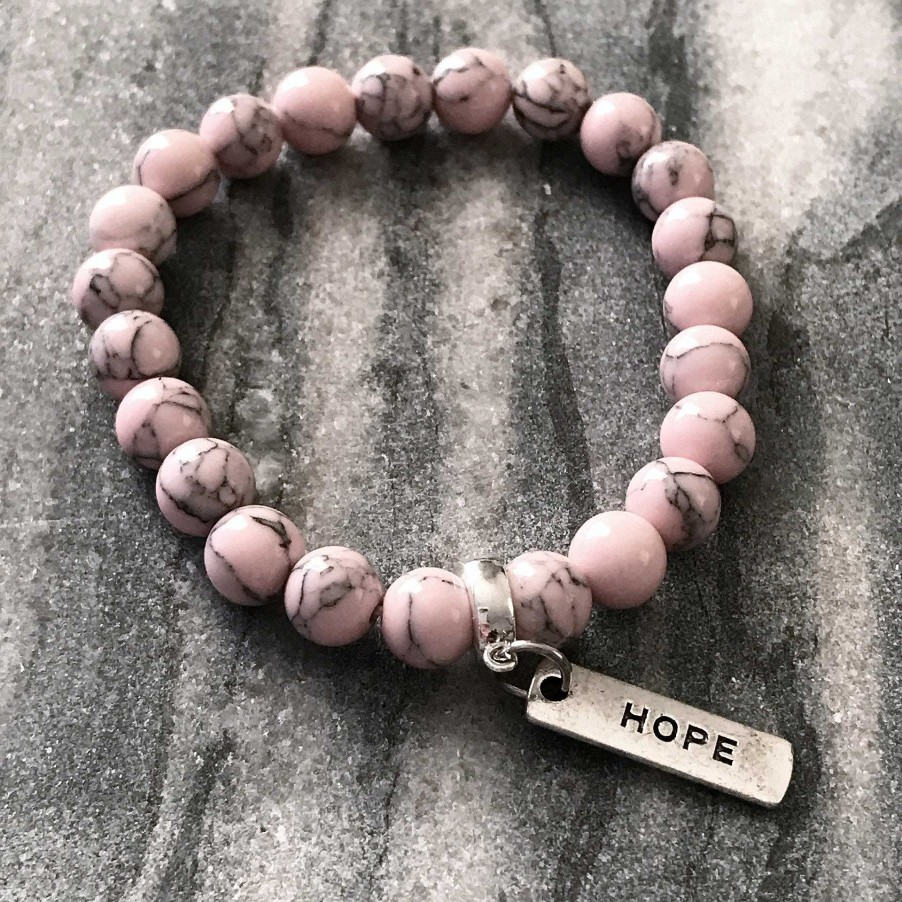 Jewellery Bracelets | Stone Bracelet - Soft Pink Marbled Stone 8Mm - With Word Charm