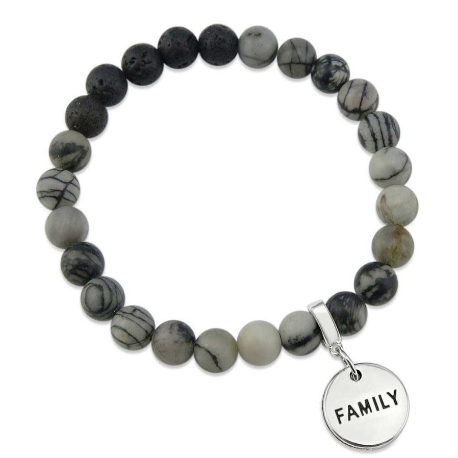 Jewellery Bracelets | Lava Stone Bracelet - 8Mm Scribble Stone + Lava Stone Beads - With Silver Word Charm