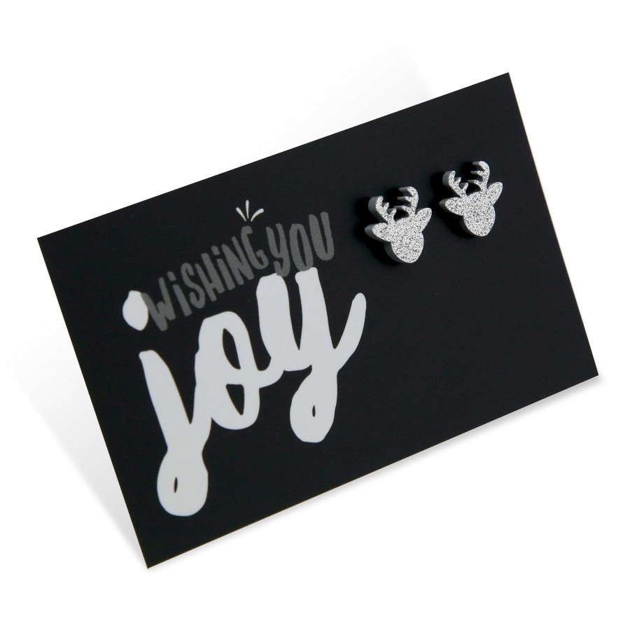 Jewellery Christmas | Sparkle Acrylic Studs Reindeer - Wishing You Joy - Silver Glitter (9316-F)