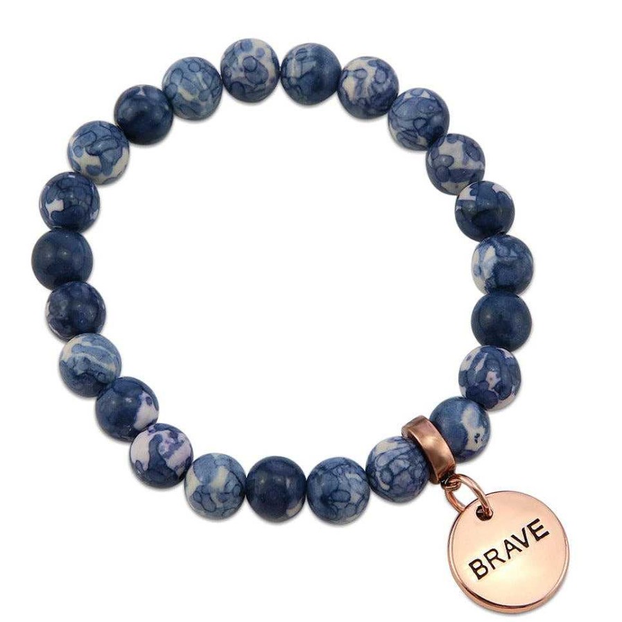 Jewellery Bracelets | Stone Bracelet - Indigo Nights Patch Agate Stone - 8Mm Beads With Rose Gold Word Charm