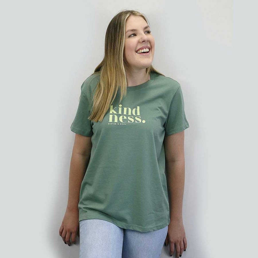 Apparel Tees Tanks & Totes | Kindness - Boxy Tee - Sage With Soft Lime Print