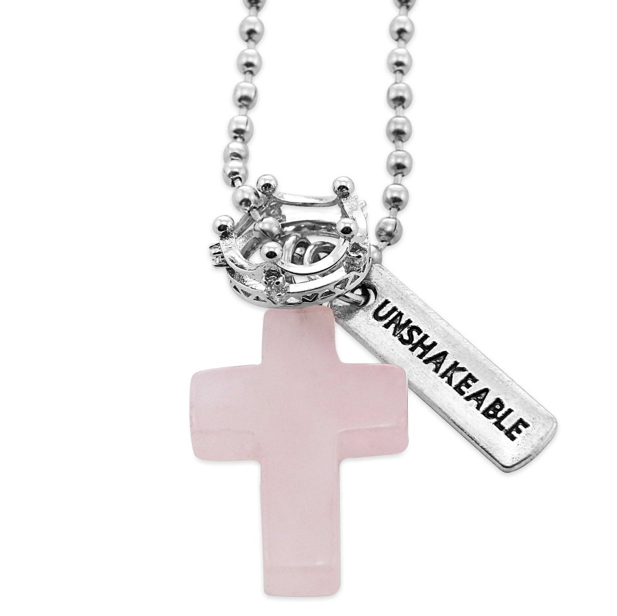 Jewellery Cross & Crown | Cross & Crown Necklace - Rose Quartz - With Word Charm