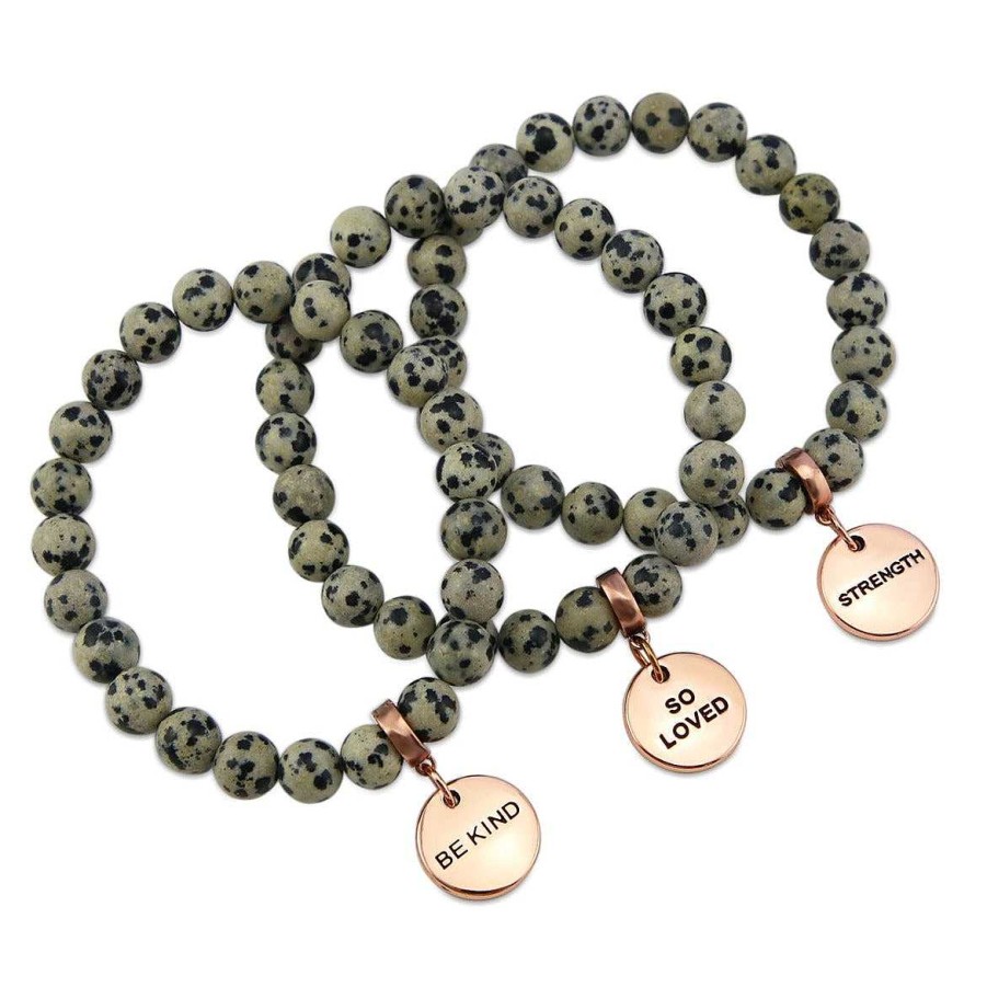 Jewellery Bracelets | Stone Bracelet - Dalmatian Stone - 8Mm Beads With Rose Gold Word Charm