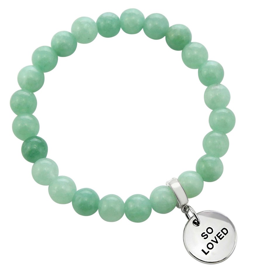 Jewellery Bracelets | Stone Bracelet 8Mm Soft Leafy Green Agate - With Silver Word Charms