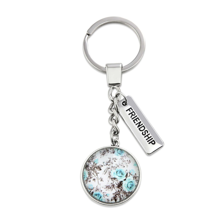 Accessories Papa Glewy | Teal Collection - Vintage Silver 'Friendship' Keyring - Aqua Bloom (12255)