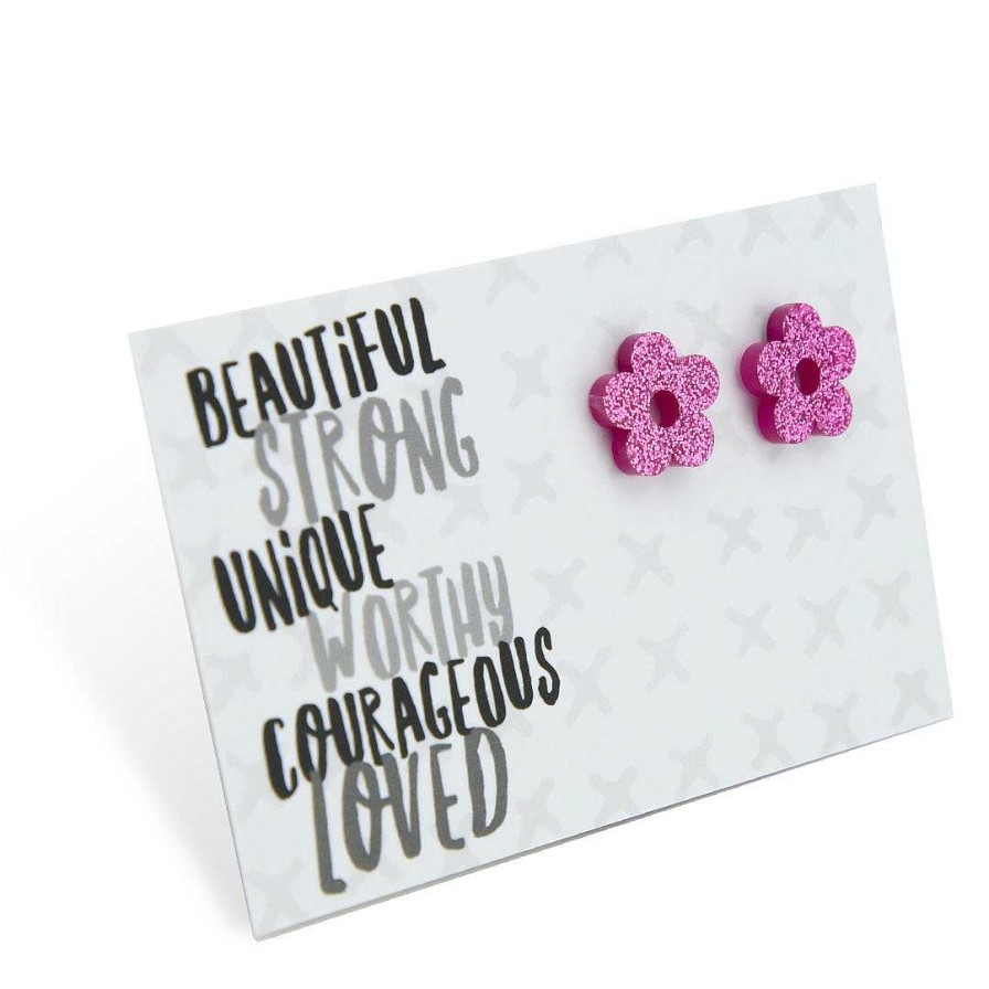 Jewellery Statement Earrings | Acrylic Glitter Flower Studs - Beautiful Strong Unique - Pink Glitter (11565)