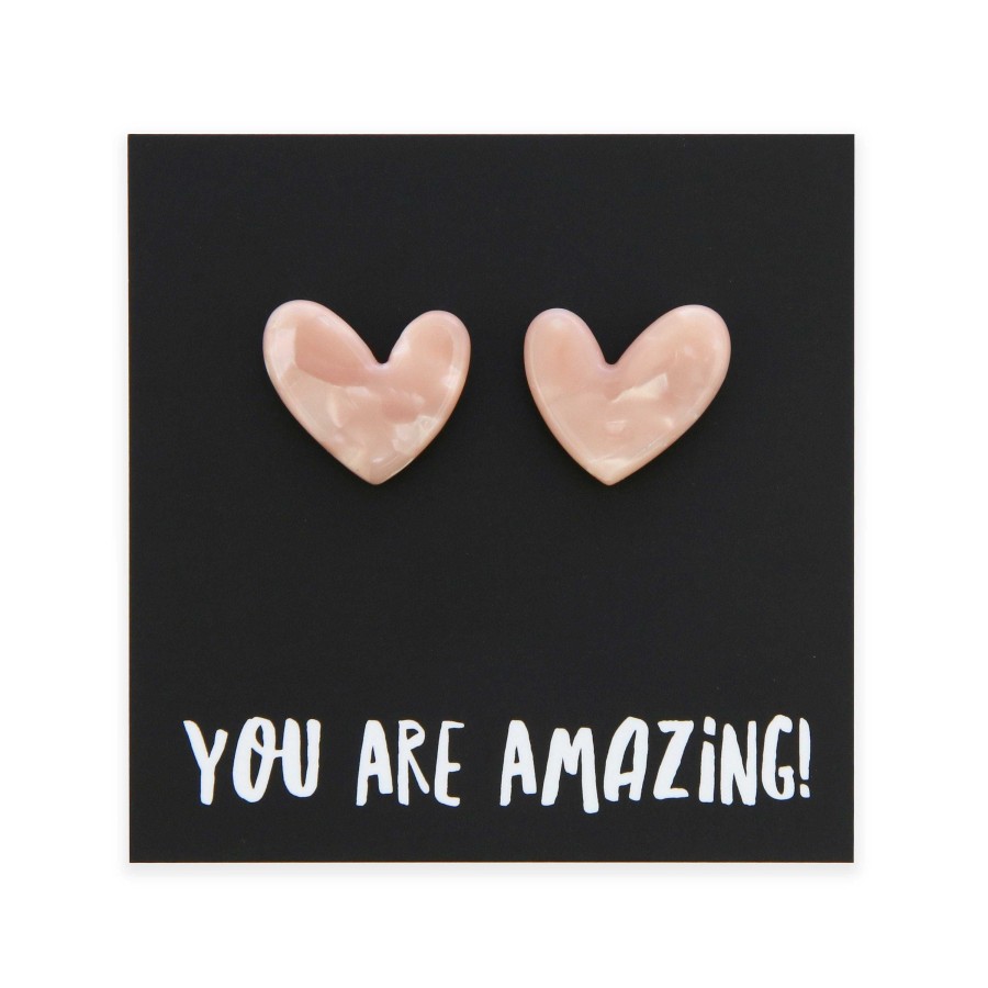 Jewellery Statement Earrings | You Are Amazing - Resin Heart Studs - Peachy Pink Pearl (2406-R)