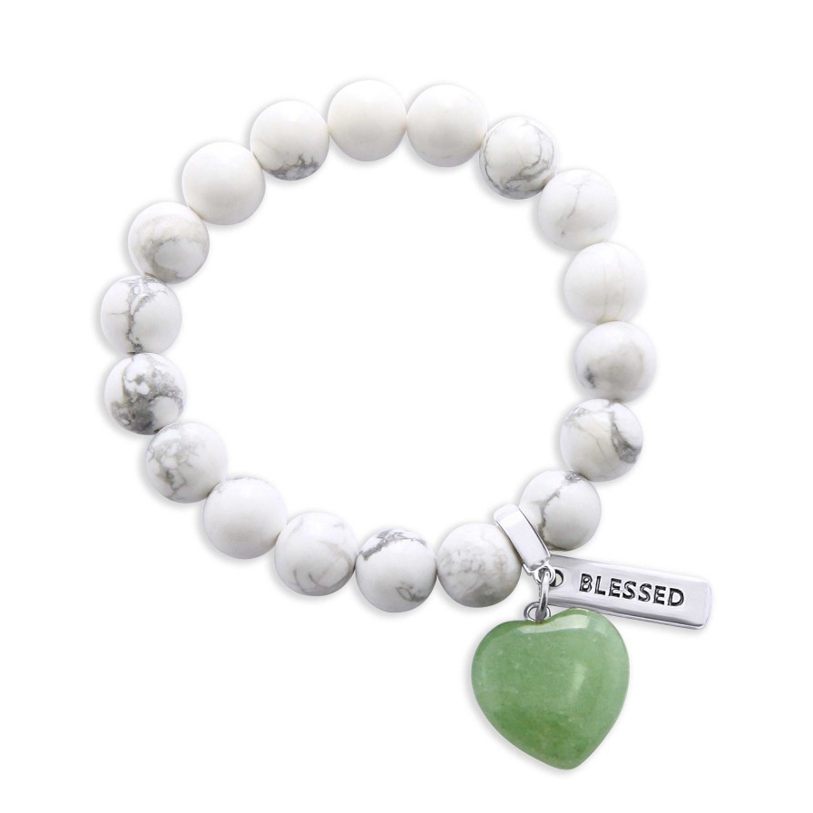 Jewellery Bracelets | Sweetheart Bracelet - 10Mm White Marble With Dusty Green Aventurine Heart Charm & Word Charm