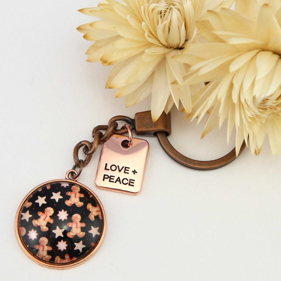 Accessories Papa Glewy | Christmas - Vintage Rose Gold 'Love + Peace' Keyring - Gingerbread Black (10143)