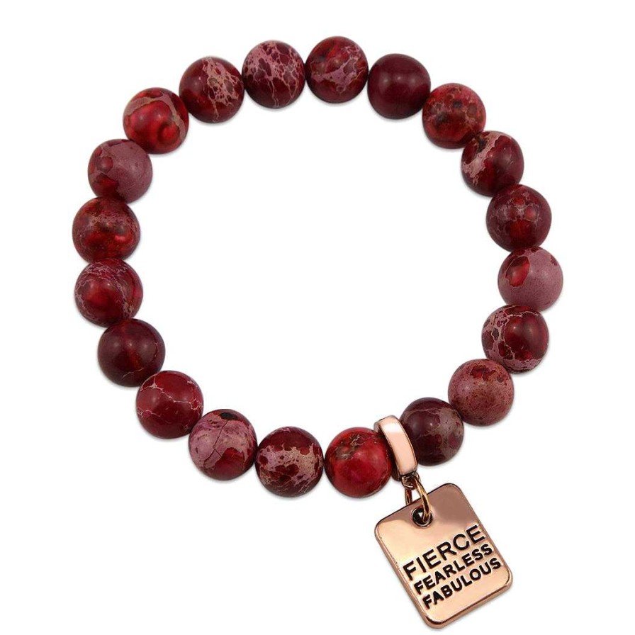 Jewellery Bracelets | Precious Stone Bracelet Imperial Jasper Rouge Red 10Mm Beads - With Rose Gold Word Charms