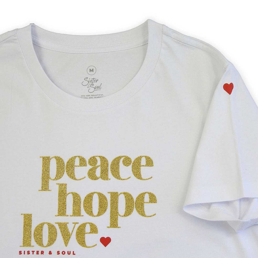 Apparel Tees Tanks & Totes | Peace Hope Love - Boxy Tee - White With Gold Glitter Print