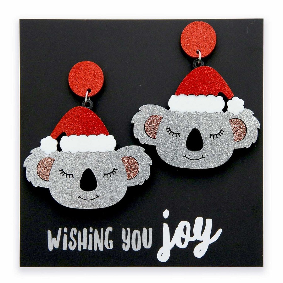 Jewellery Statement Earrings | Acrylic Glitter Dangles - Wishing You Joy - Christmas Koalas (12761)