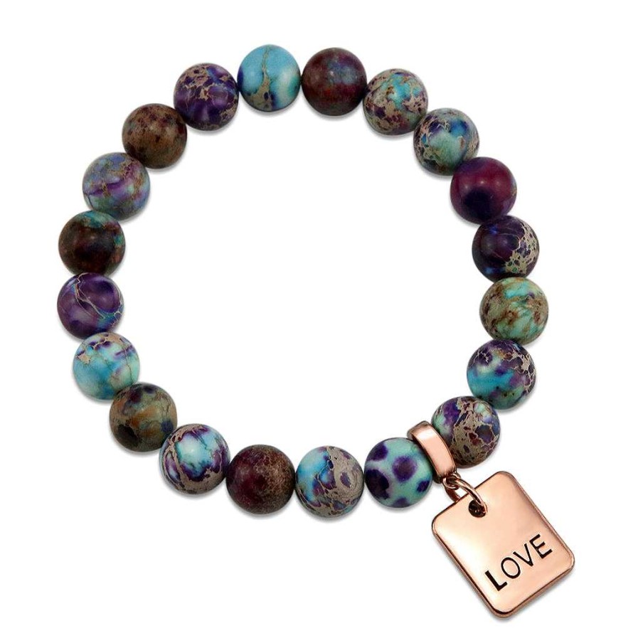 Jewellery Bracelets | Imperial Jasper Purple & Aqua Divine 10Mm Stone Bead Bracelet - With Rose Gold Word Charms