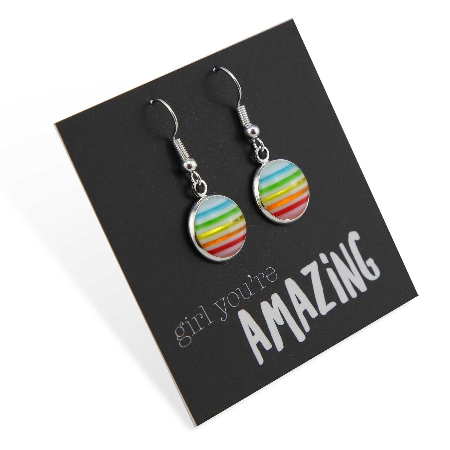 Jewellery Circle Drop Dangles | Stripe Resin - Girl, You'Re Amazing! - Bright Silver Dangle Earrings - Rainbow (2107-F)