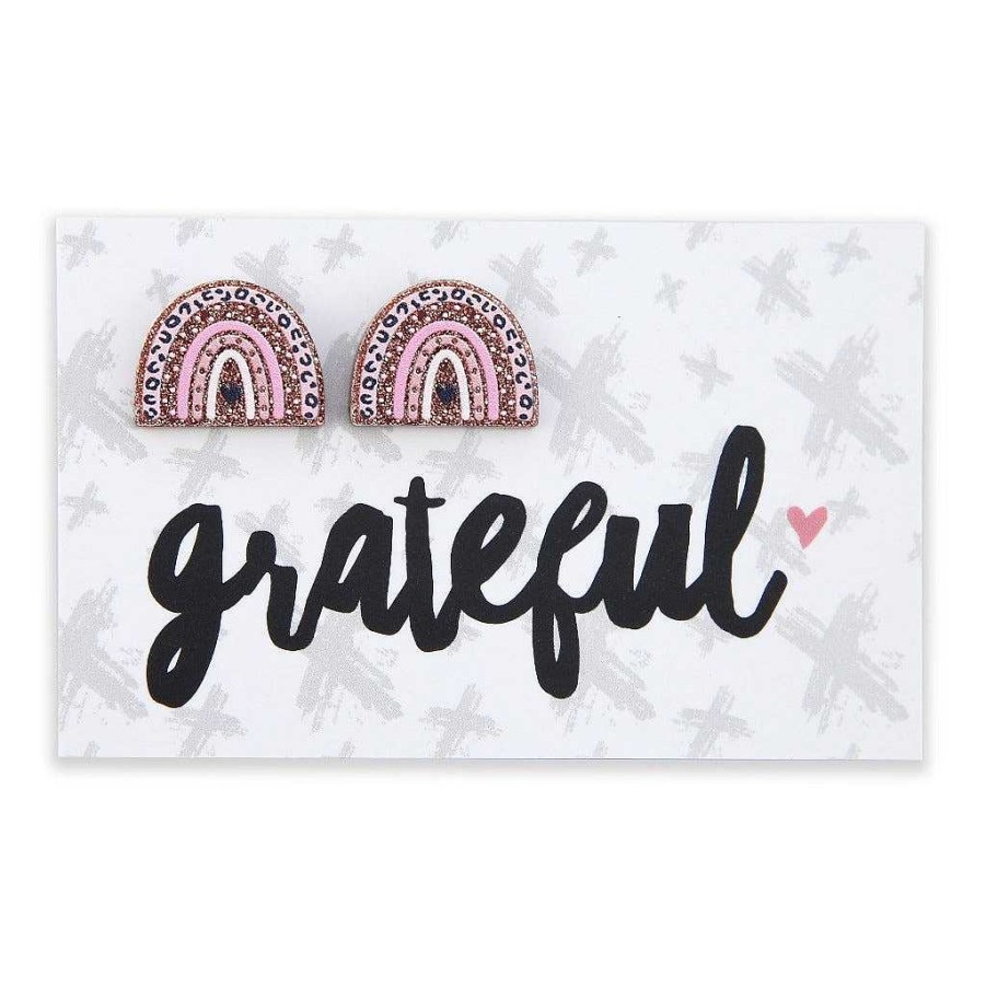 Jewellery Statement Earrings | Acrylic Glitter Rainbow Studs - Grateful - Pink & Rose Gold (2314)