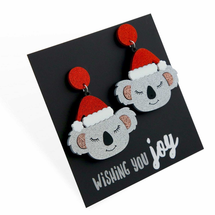 Jewellery Statement Earrings | Acrylic Glitter Dangles - Wishing You Joy - Christmas Koalas (12761)