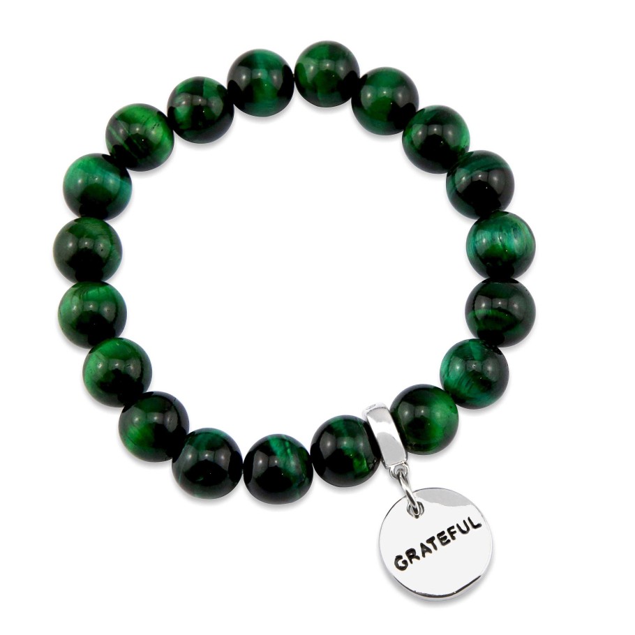 Jewellery Bracelets | Precious Stones - Green Tigers Eye 10Mm Bead Bracelet - With Word Charms