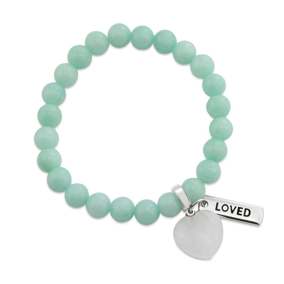 Jewellery Bracelets | Sweetheart Bracelet - 8Mm Mint Agate Stone Beads With White Quartz Heart & Word Charm