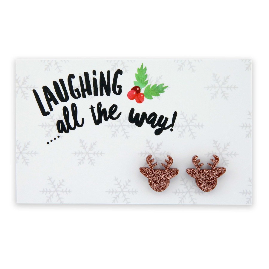 Jewellery Christmas | Sparkle Acrylic Studs Reindeer - Laughing All The Way - Rose Gold Glitter (9316-R)