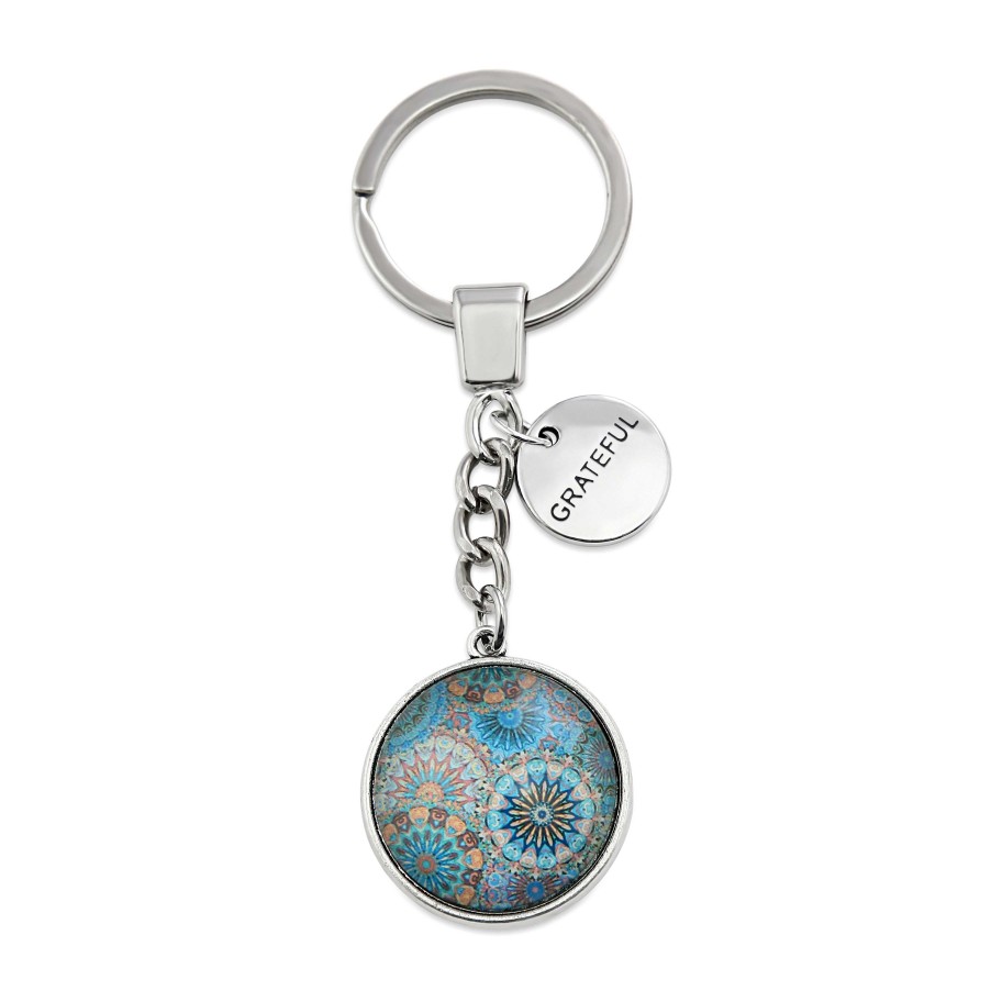 Accessories Papa Glewy | Teal Collection - Vintage Silver 'Grateful' Keyring - Panama (12241)