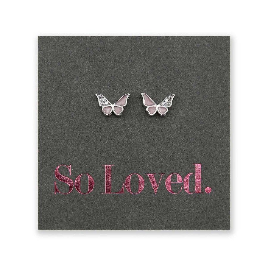 Jewellery Sterling Silver Studs | Sweet Pink Butterflies - Sterling Silver + Cubic Zirconia Studs - So Loved (8911-R)