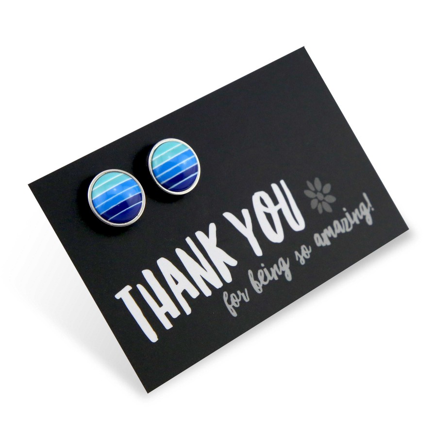 Jewellery Deluxe Stud Earrings | Blue Stripe Resin - Thank You For Being So Amazing- Vintage Silver Surround Circle Studs - Blues (9715)