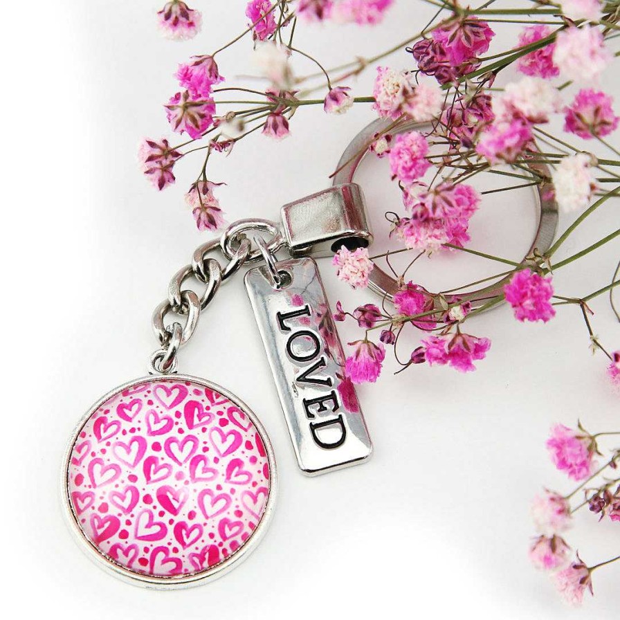 Accessories Papa Glewy | Pink Collection - Vintage Silver 'Loved' Keyring - Heartstrings (10714)