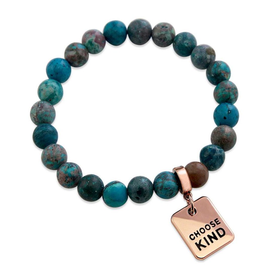 Jewellery Bracelets | Imperial Jasper Teal 8Mm Stone Bead Bracelet - With Rose Gold Word Charms