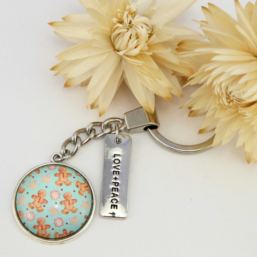 Accessories Papa Glewy | Christmas - Vintage Silver 'Love + Peace' Keyring - Gingerbread Aqua (10443)