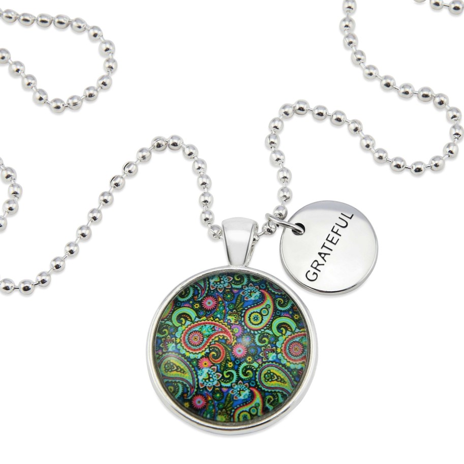 Jewellery Papa Glewy | Spring - 'Grateful' Bright Silver Necklace - Green Paisley (10965)