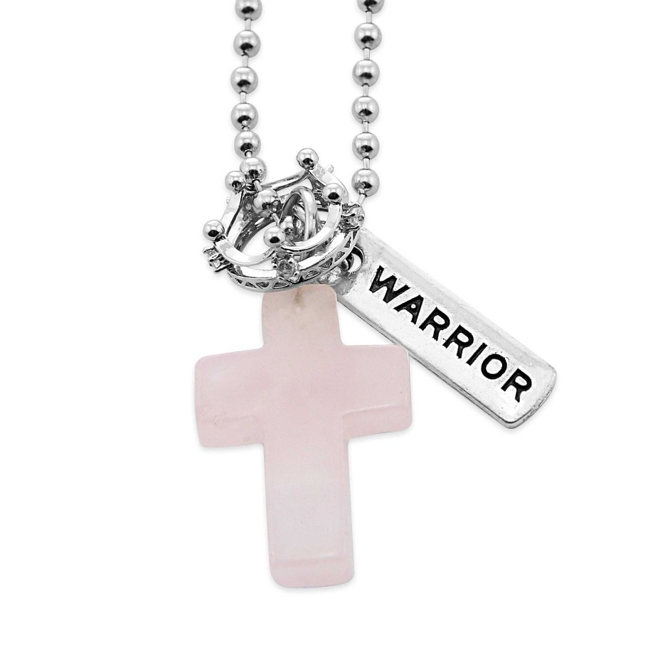 Jewellery Cross & Crown | Cross & Crown Necklace - Rose Quartz - With Word Charm