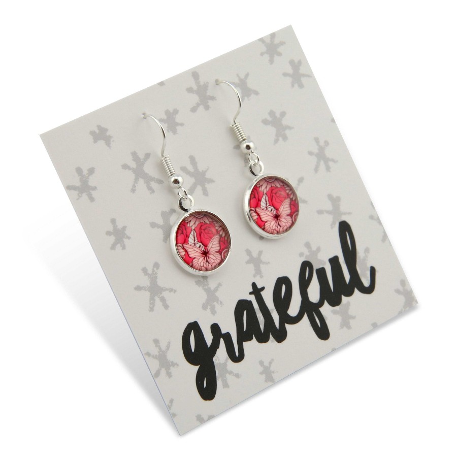 Jewellery Circle Drop Dangles | Pink Collection - Grateful - Bright Silver Dangle Earrings - Butterfly Patch (9609)