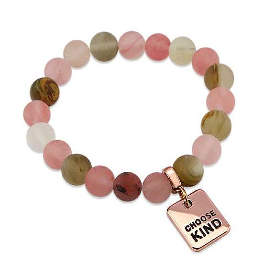 Jewellery Bracelets | Stone Bracelet 10Mm Frosted Watermelon & Tigerskin Stone - With Rose Gold Word Charms