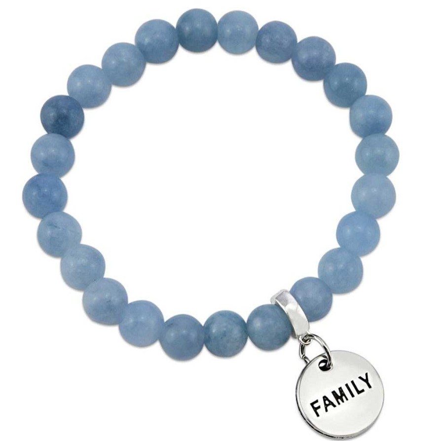 Jewellery Bracelets | Stone Bracelet - Stormy Sea Blue Agate Stone - 8Mm Beads With Silver Word Charm