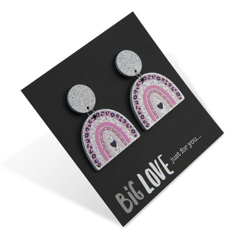 Jewellery Statement Earrings | Acrylic Glitter Rainbow Dangles - Big Love Just For You - Pink & Silver (2416)