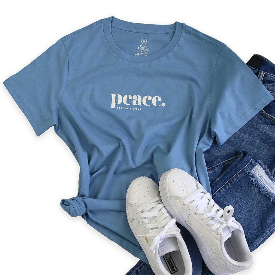 Apparel Tees Tanks & Totes | Peace - Boxy Tee - Azure Blue With White Print