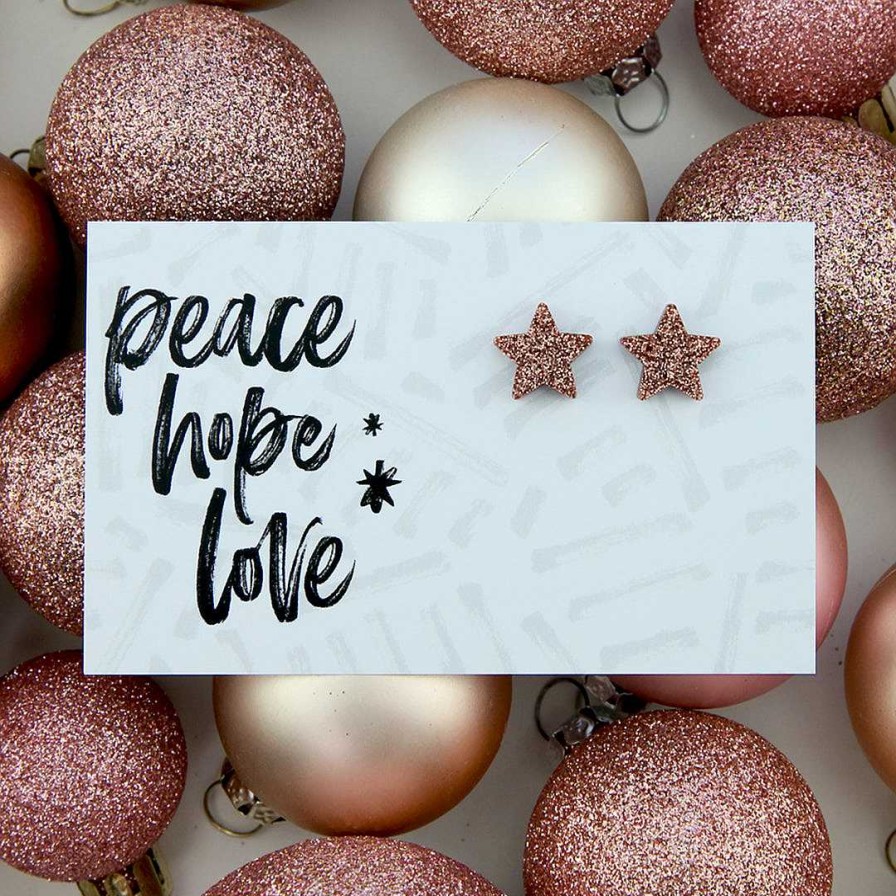 Jewellery Christmas | Sparkle Acrylic Studs Star - Peace Hope Love - Rose Gold Glitter (9414-R)