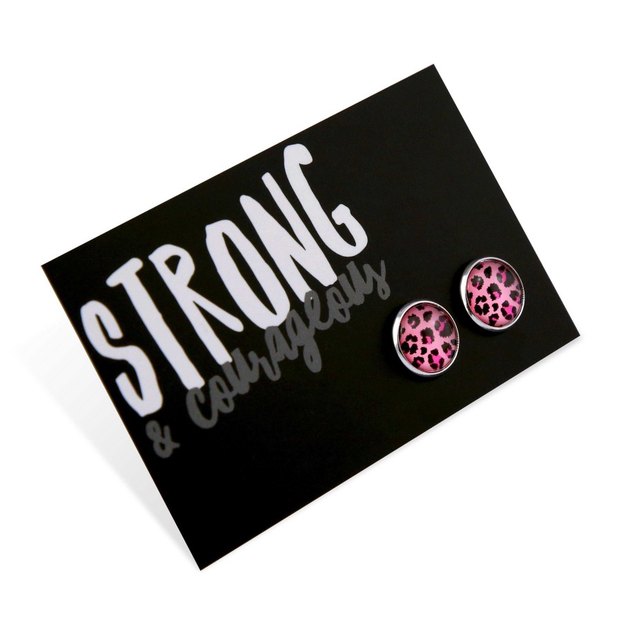 Jewellery Deluxe Stud Earrings | Pink Collection - Strong & Courageous Silver Surround Circle Studs - Pink Leopard (9514)