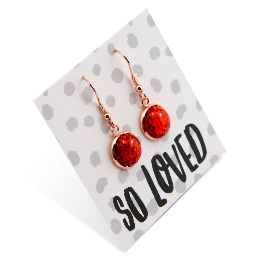 Jewellery 50% Off | Sparklefest - So Loved - Stainless Steel Rose Gold Dangles - Red Glitter (8915-R)